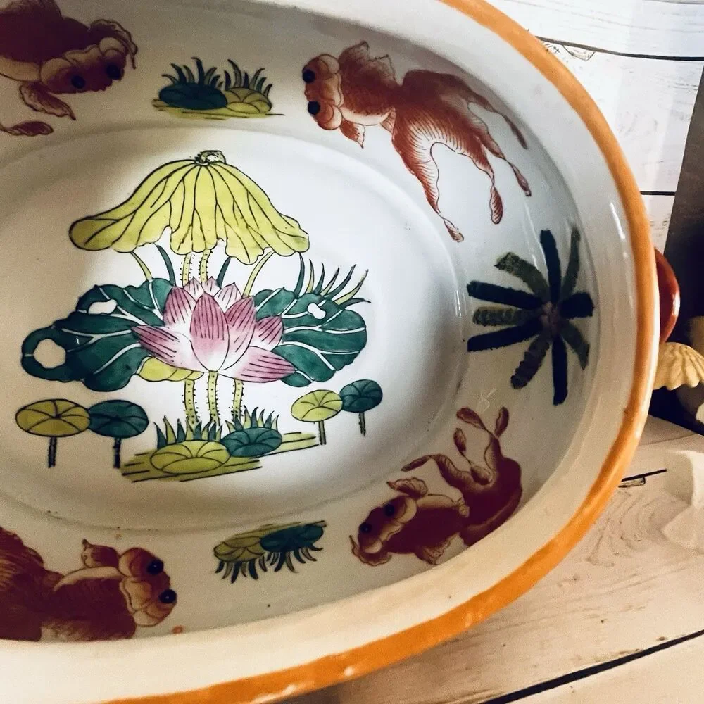Vintage Oval Handled Imari Style Jardiniere Decorative Interior Fish & Lotus 13”